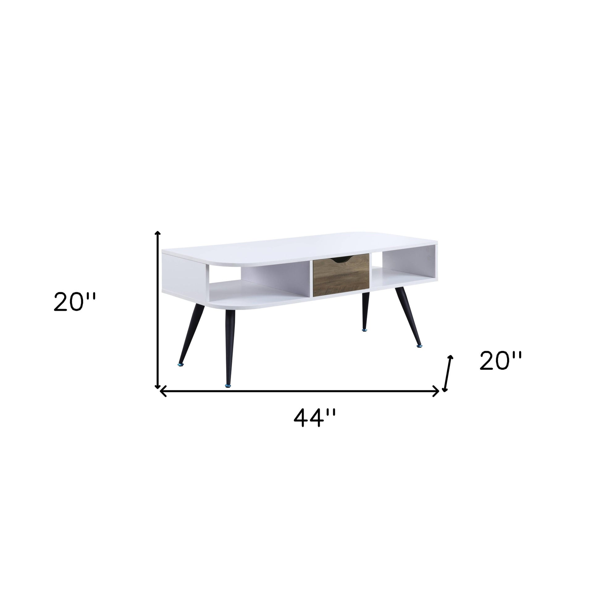 44" White and Black Melamine Veneer And Metal Coffee Table With Drawer And Shelf-5