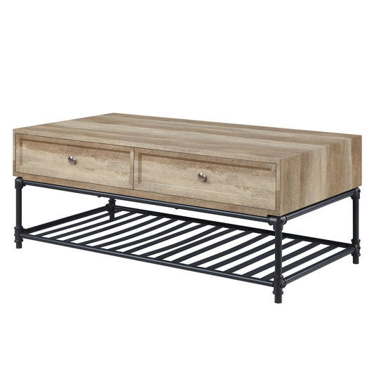 47" Oak and Brown Metal Coffee Table With Two Drawers And Shelf-0
