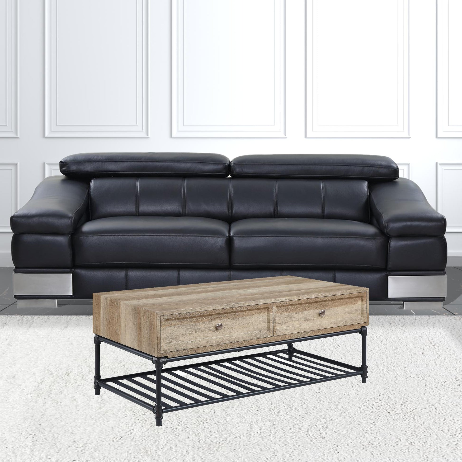 47" Oak and Brown Metal Coffee Table With Two Drawers And Shelf-1