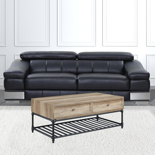47" Oak and Brown Metal Coffee Table With Two Drawers And Shelf-1