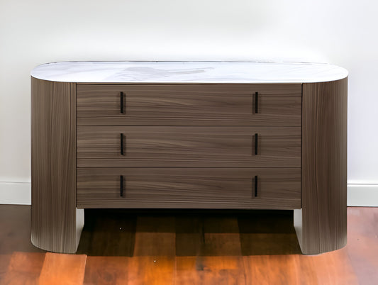 55" Walnut Marble Solid And Manufactured Wood Three Drawer Dresser-1