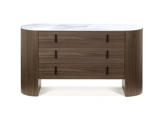 55" Walnut Marble Solid And Manufactured Wood Three Drawer Dresser-0