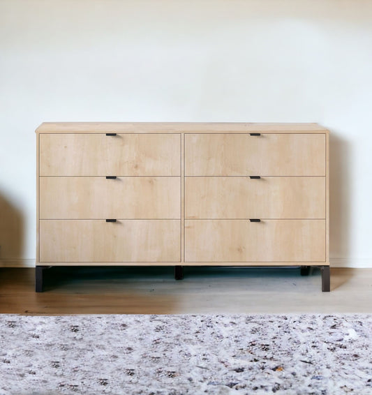 59" Light Natural Manufactured Wood with Black Six Drawer Double Dresser-1