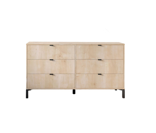 59" Light Natural Manufactured Wood with Black Six Drawer Double Dresser-0