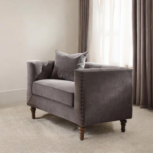 41" Gray and Antiqued Brass Velvet Tufted Arm Chair And Toss Pillow-1