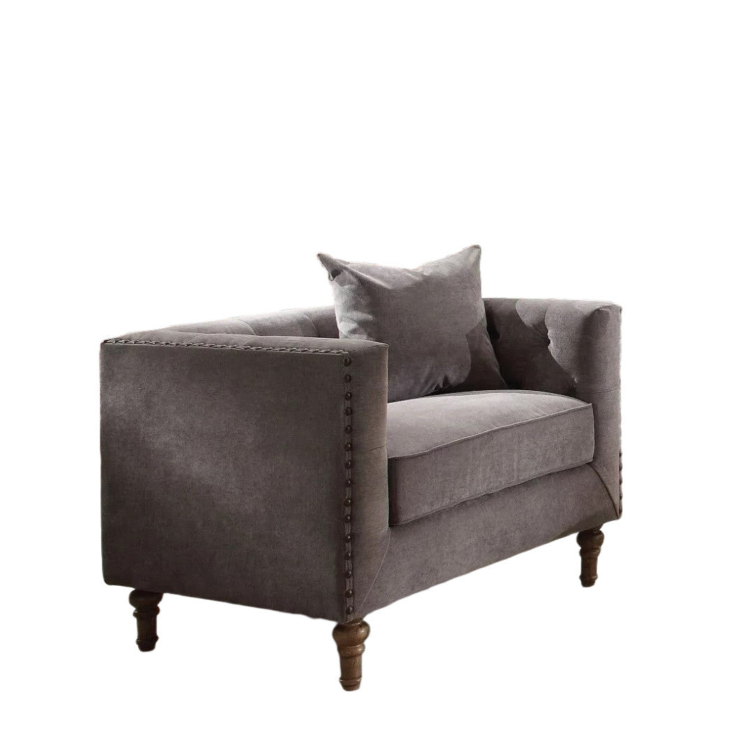 41" Gray and Antiqued Brass Velvet Tufted Arm Chair And Toss Pillow-4