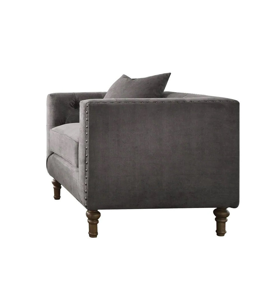 41" Gray and Antiqued Brass Velvet Tufted Arm Chair And Toss Pillow-3