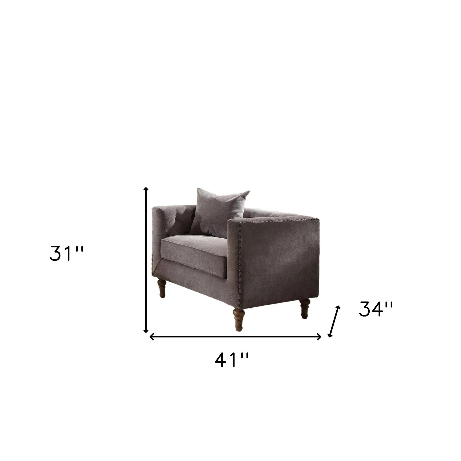 41" Gray and Antiqued Brass Velvet Tufted Arm Chair And Toss Pillow-5
