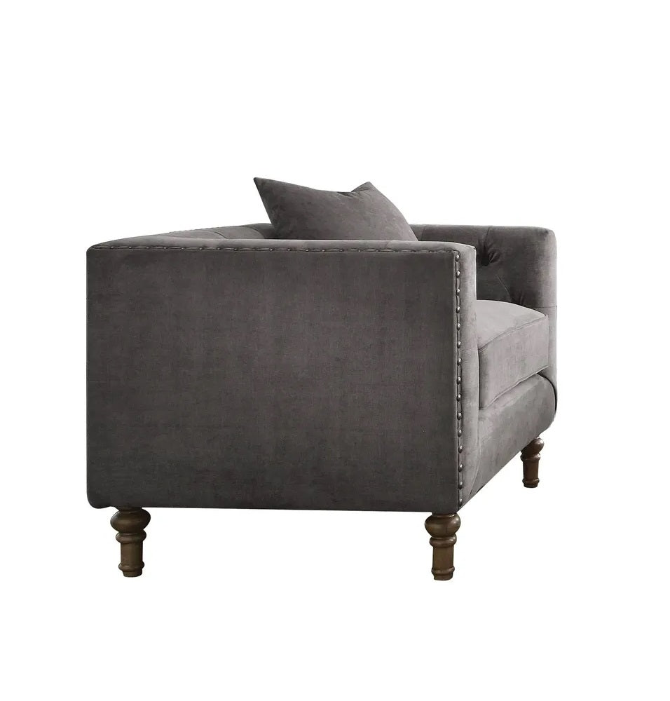 41" Gray and Antiqued Brass Velvet Tufted Arm Chair And Toss Pillow-2