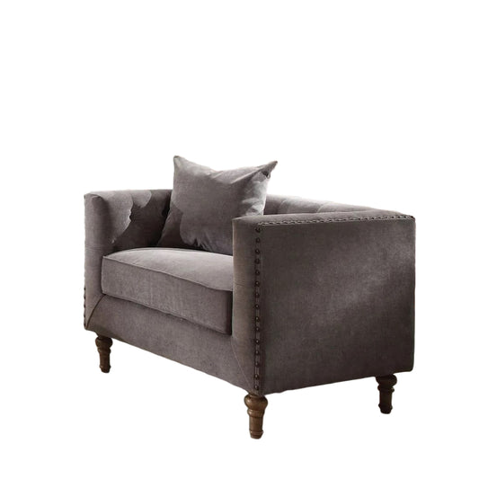 41" Gray and Antiqued Brass Velvet Tufted Arm Chair And Toss Pillow-0