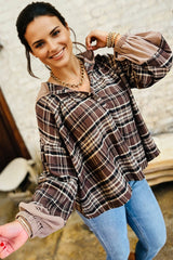 Plaid Quarter-Button Patchwork Long Sleeve Hooded Blouse