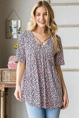 Heimish Full Size Short Sleeve Crisscross Animal Babydoll Top Plus Size