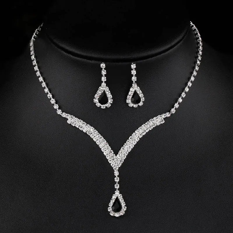 Bridal Jewelry Set with V-Neck Drop Pendant and Earrings