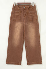 Denim High Waist Patch Pocket Straight Leg Jeans