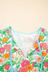 Green Floral Print Striped Trim Puff Sleeve Babydoll Blouse