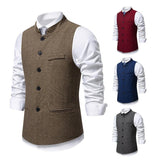 Men's Retro Stand Collar Herringbone Solid Color Suit Vest
