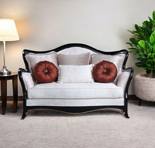 66" Beige And Black Cotton Blend Loveseat and Toss Pillows-1
