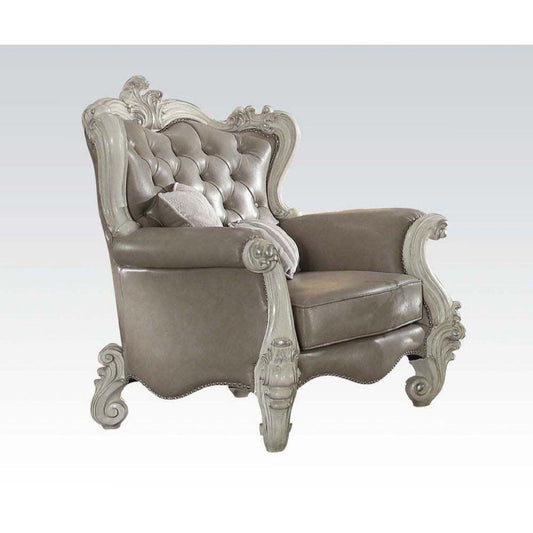 43" Gray and Bone Faux Leather Tufted Chesterfield Chair And Toss Pillows-0