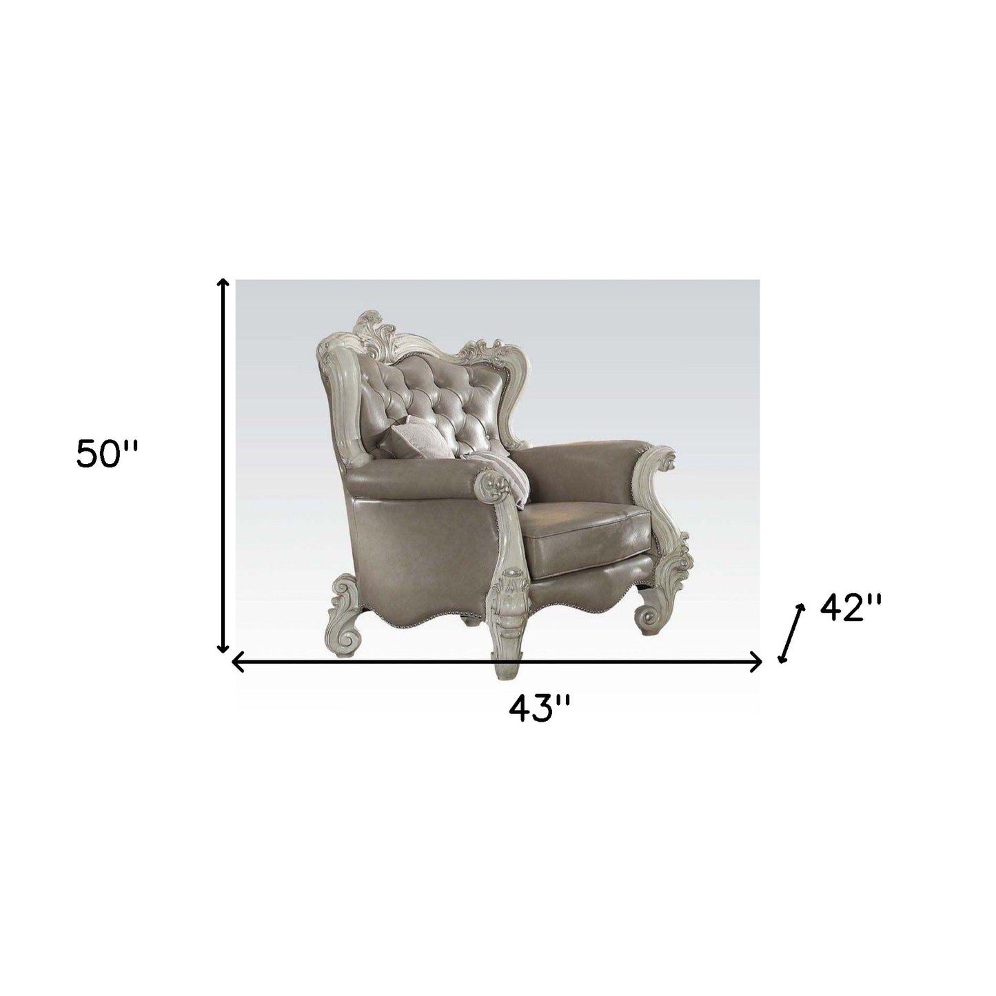 43" Gray and Bone Faux Leather Tufted Chesterfield Chair And Toss Pillows-4