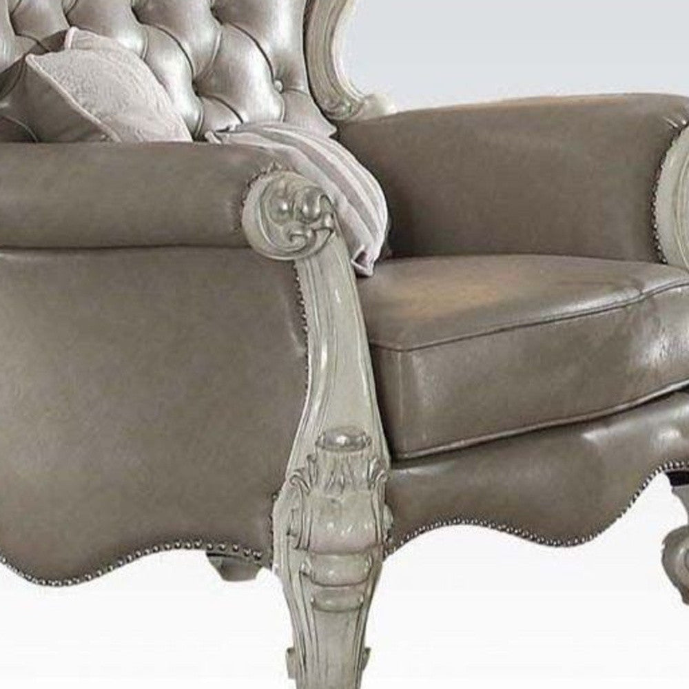 43" Gray and Bone Faux Leather Tufted Chesterfield Chair And Toss Pillows-2