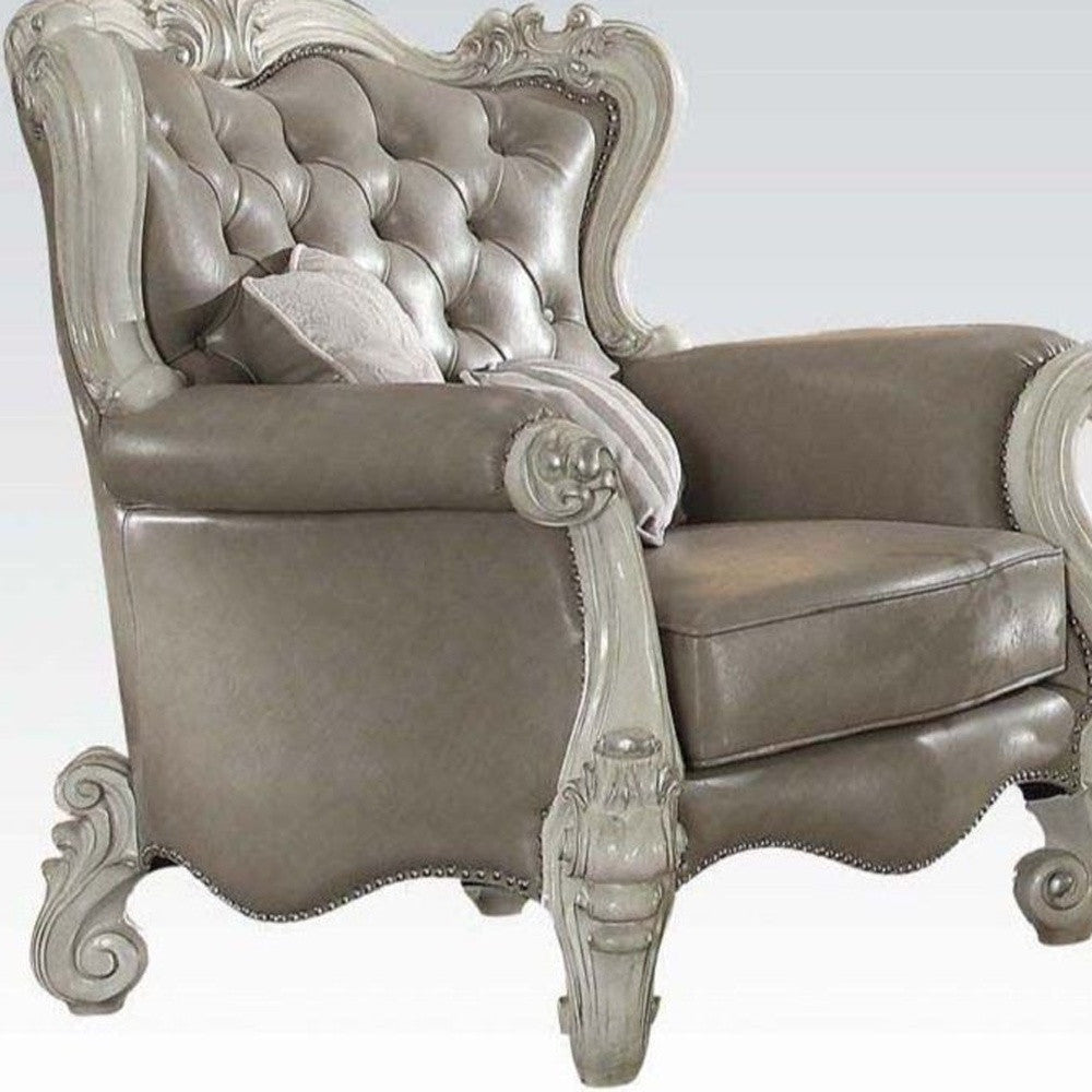43" Gray and Bone Faux Leather Tufted Chesterfield Chair And Toss Pillows-3