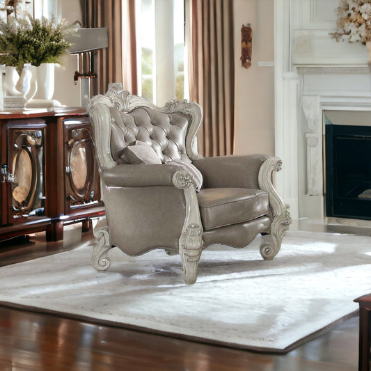 43" Gray and Bone Faux Leather Tufted Chesterfield Chair And Toss Pillows-1
