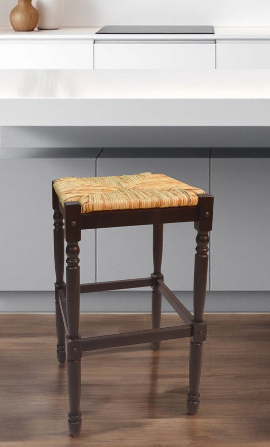 29" Natural and Espresso Wicker and Solid Wood Backless Bar Height Bar Chair-0