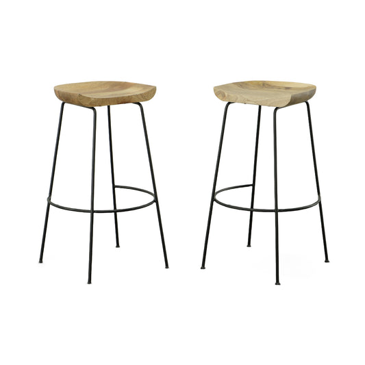 Set of Two 31" Natural and Black Solid Wood and Steel Backless Bar Height Bar Chairs-1
