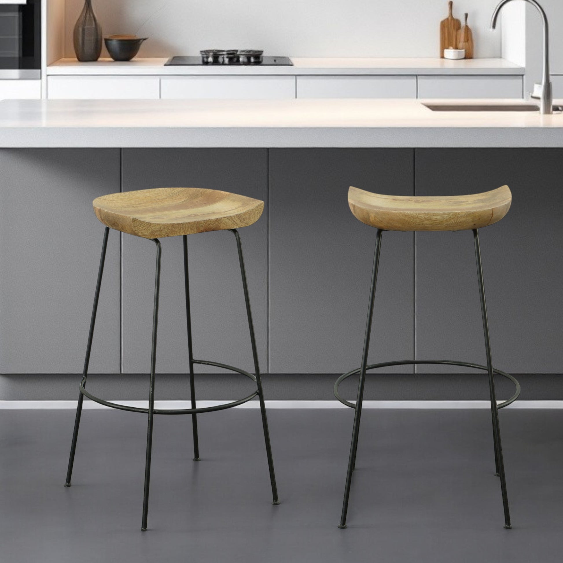 Set of Two 31" Natural and Black Solid Wood and Steel Backless Bar Height Bar Chairs-0