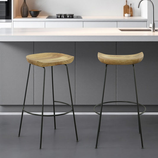 Set of Two 31" Natural and Black Solid Wood and Steel Backless Bar Height Bar Chairs-0