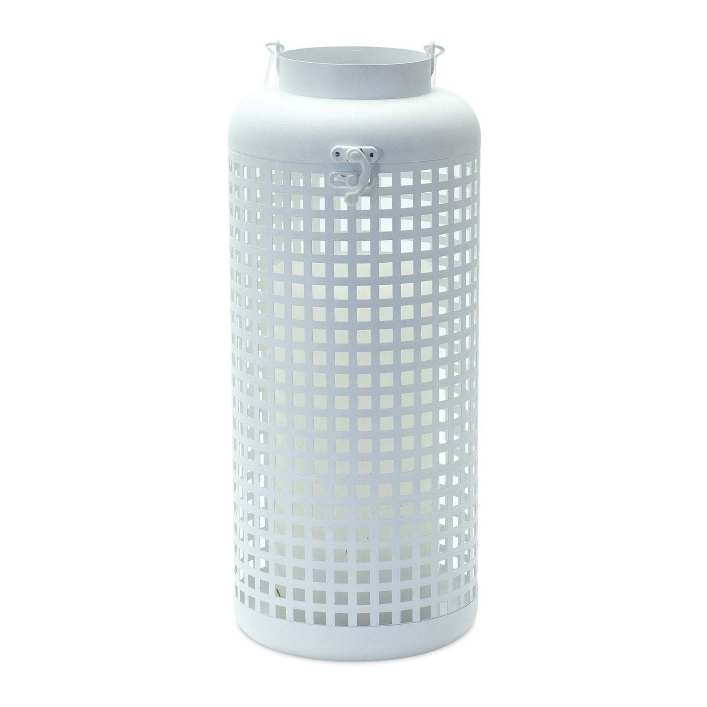 14" White Distressed Lattice Iron Floor Lantern Candle Holder-1