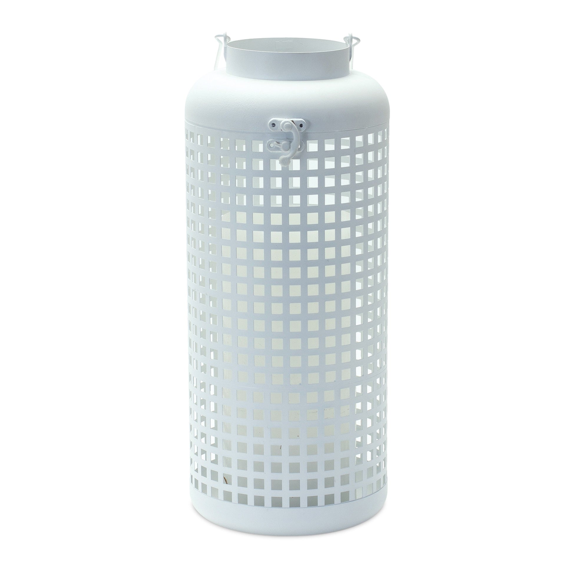 14" White Distressed Lattice Iron Floor Lantern Candle Holder-1