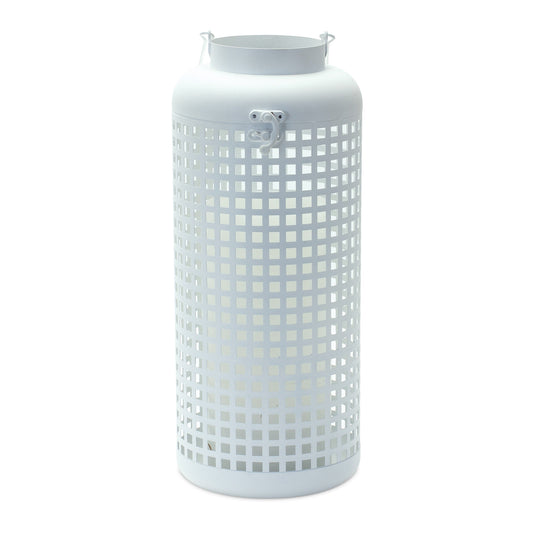 14" White Distressed Lattice Iron Floor Lantern Candle Holder-1