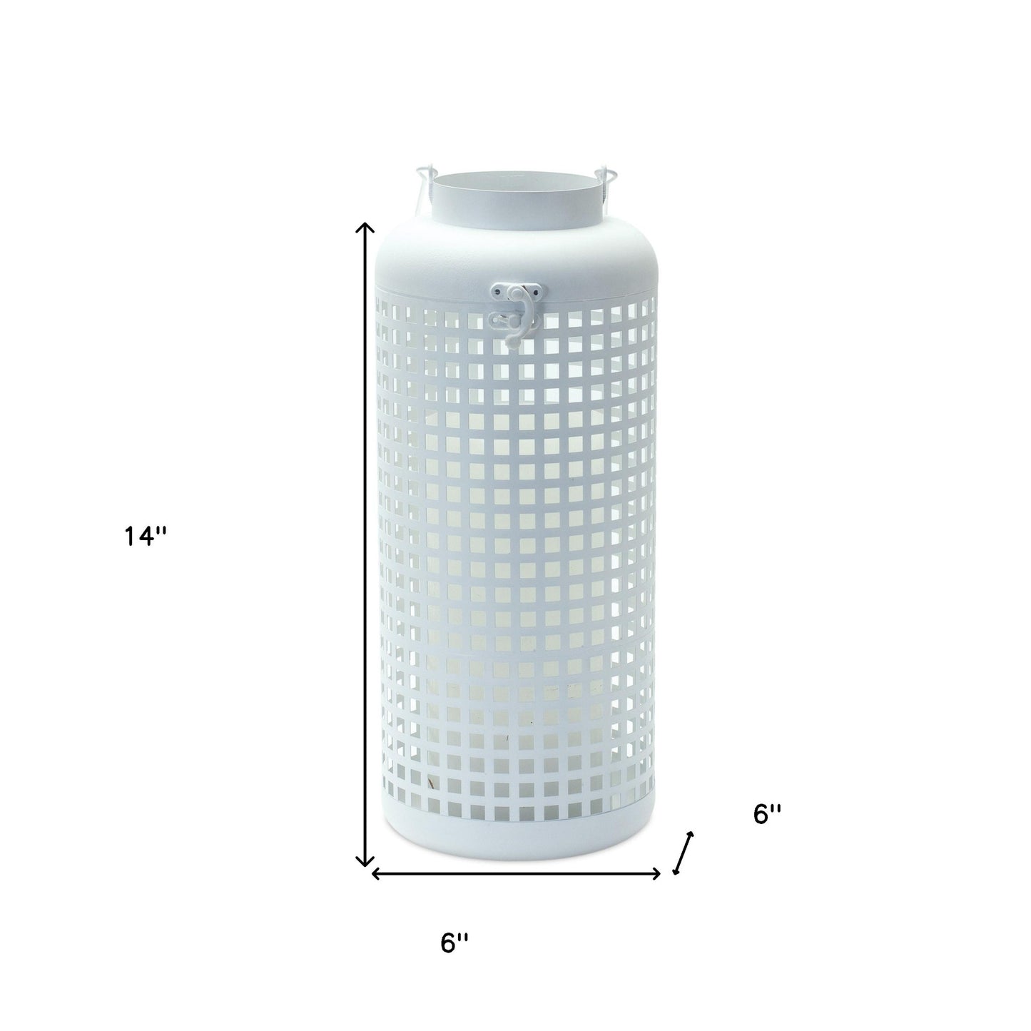 14" White Distressed Lattice Iron Floor Lantern Candle Holder-4