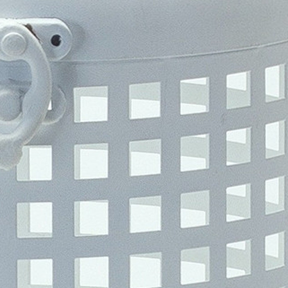 14" White Distressed Lattice Iron Floor Lantern Candle Holder-2