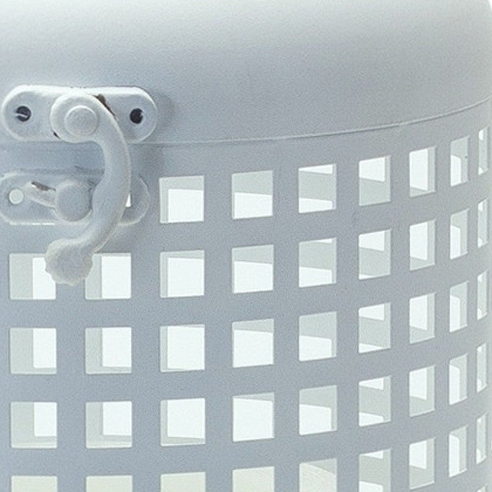 14" White Distressed Lattice Iron Floor Lantern Candle Holder-3