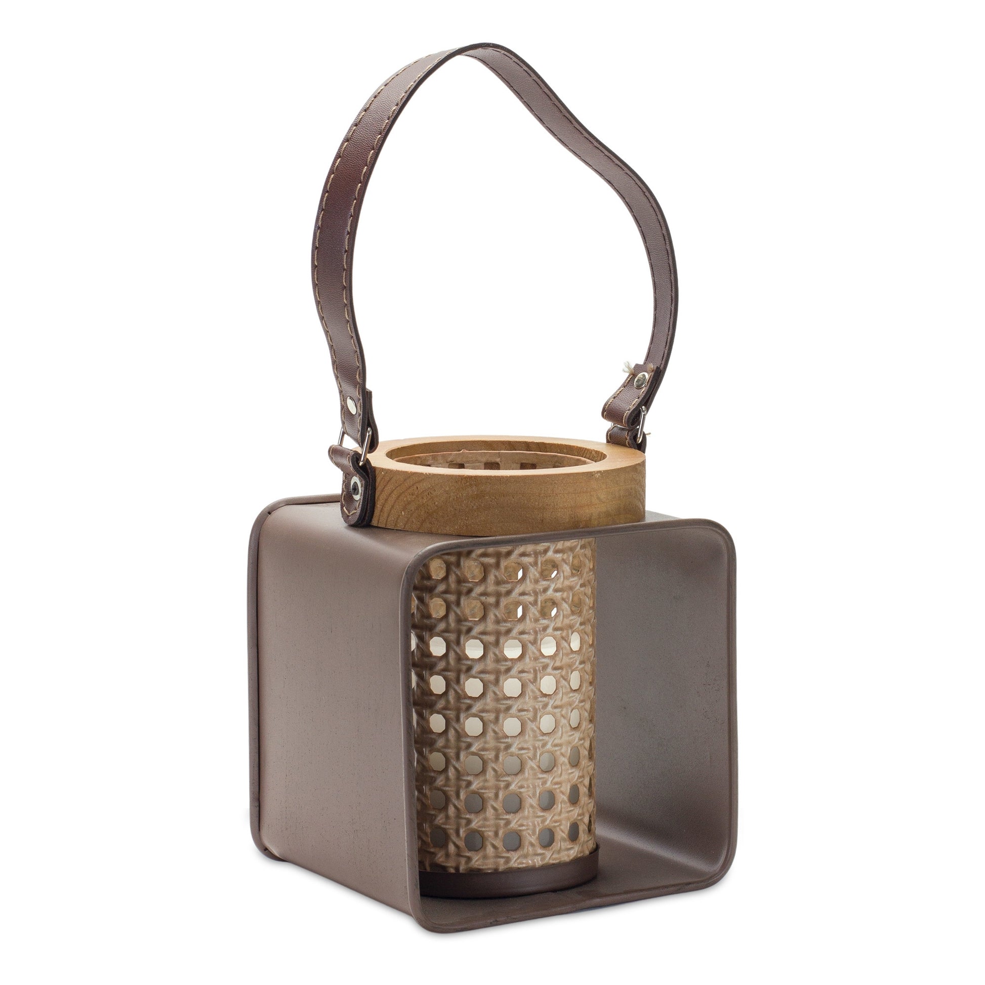 7" Natural And Brown Distressed Lattice Iron And Wood Tabletop Lantern Candle Holder-1