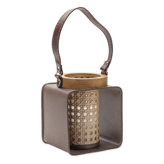 7" Natural And Brown Distressed Lattice Iron And Wood Tabletop Lantern Candle Holder-1