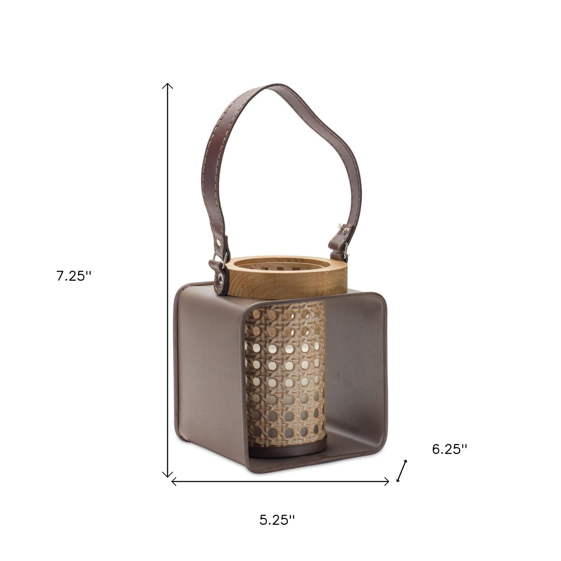 7" Natural And Brown Distressed Lattice Iron And Wood Tabletop Lantern Candle Holder-4