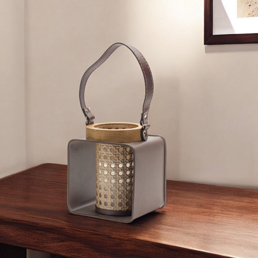 7" Natural And Brown Distressed Lattice Iron And Wood Tabletop Lantern Candle Holder-0