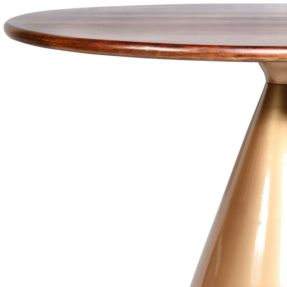 48" Brown And Gold Rounded Solid Wood And Iron Pedestal Base Dining Table-2