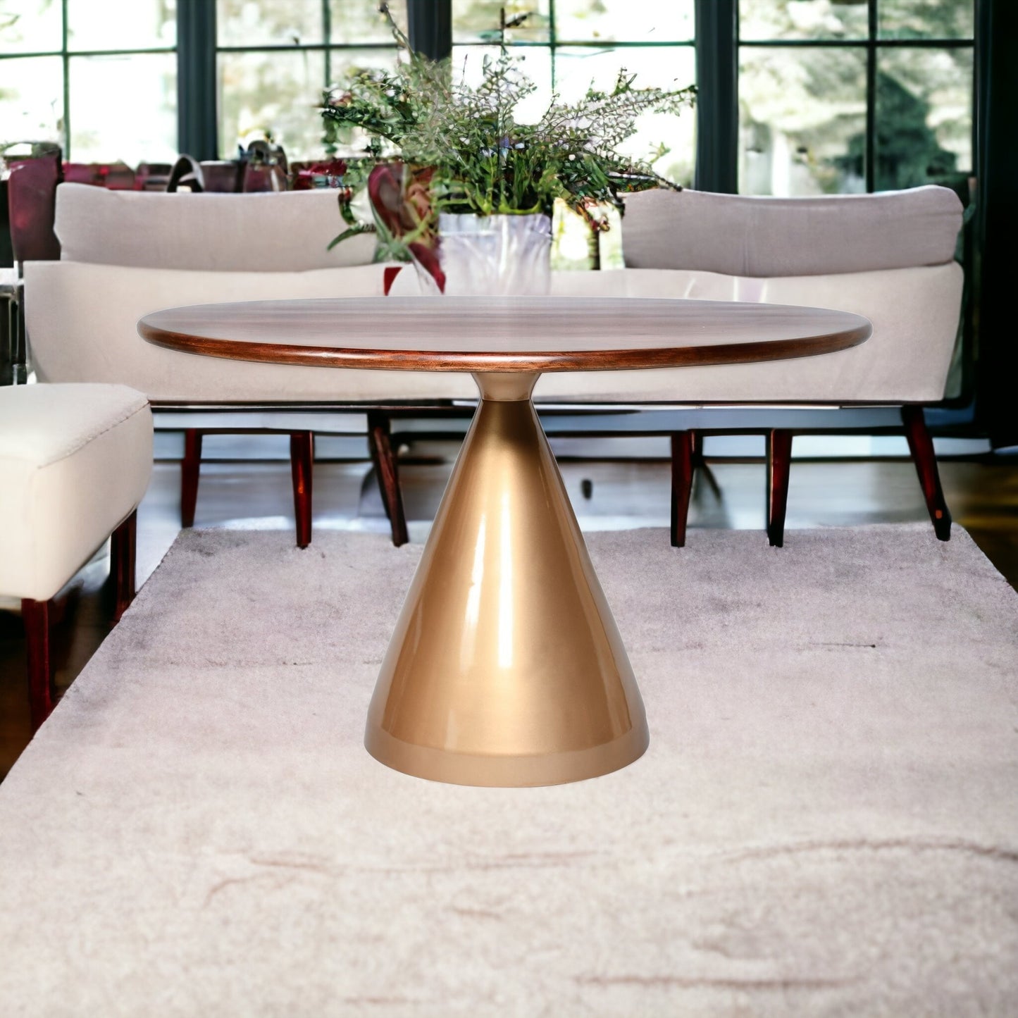 48" Brown And Gold Rounded Solid Wood And Iron Pedestal Base Dining Table-4