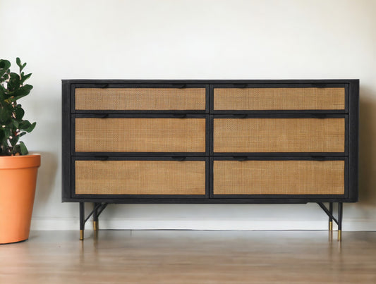 61" Natural and Black Solid Wood Six Drawer Double Dresser-0