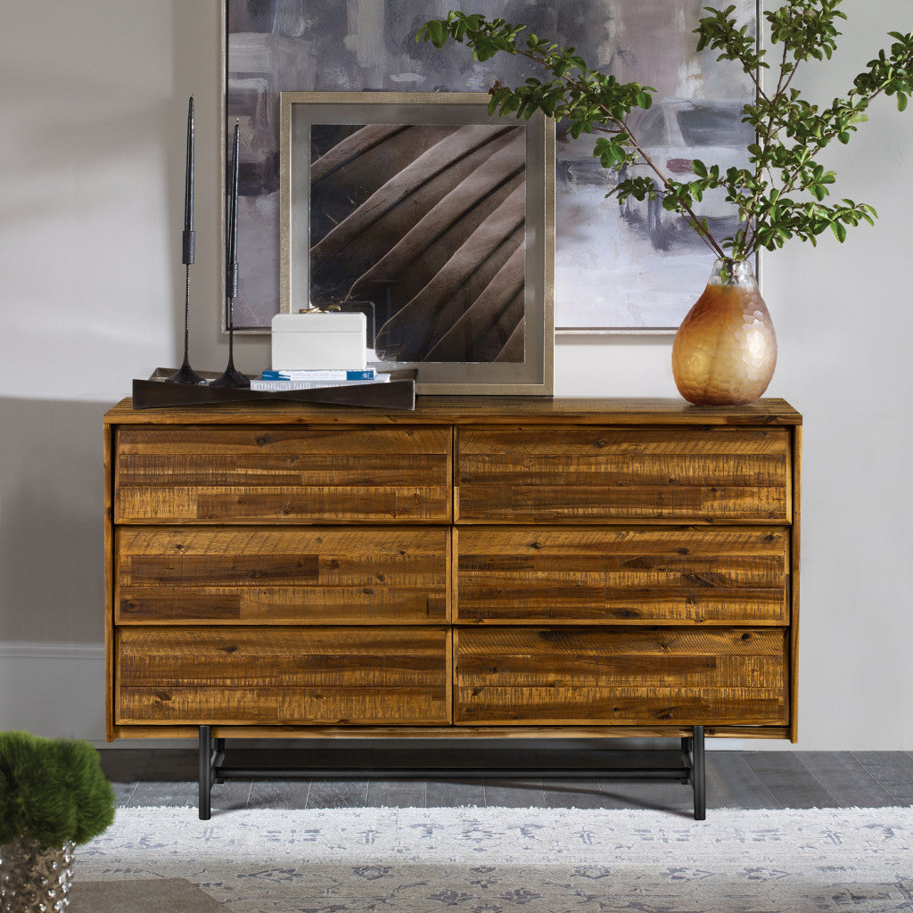 57" Brown and Black Solid Wood Six Drawer Double Dresser-8