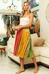 BiBi Metallic Color Block Pleats Midi Skirt