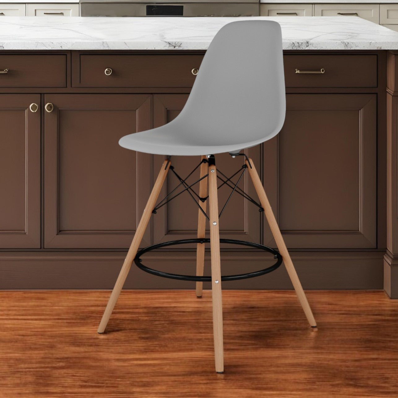 28" Gray And Brown Heavy Duty Plastic And Solid Wood Counter Height Bar Chair-0