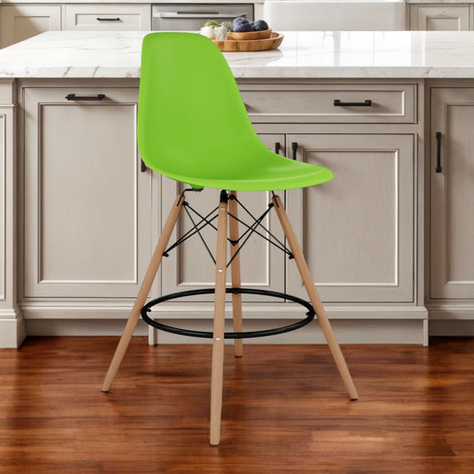 28" Green And Brown Heavy Duty Plastic And Solid Wood Counter Height Bar Chair-0