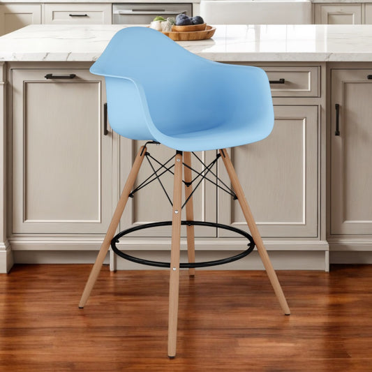 28" Light Blue And Brown Heavy Duty Plastic And Solid Wood Low Back Counter Height Bar Chair-0