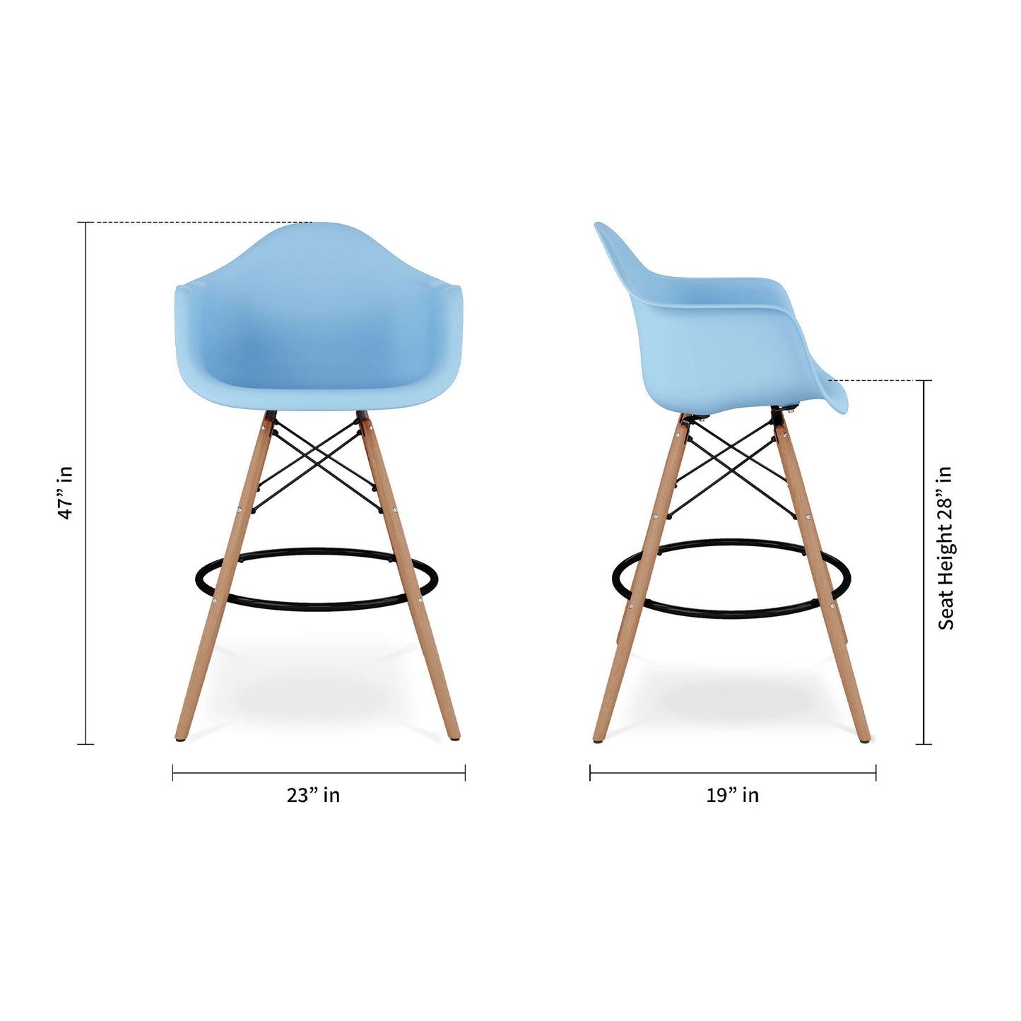 28" Light Blue And Brown Heavy Duty Plastic And Solid Wood Low Back Counter Height Bar Chair-8