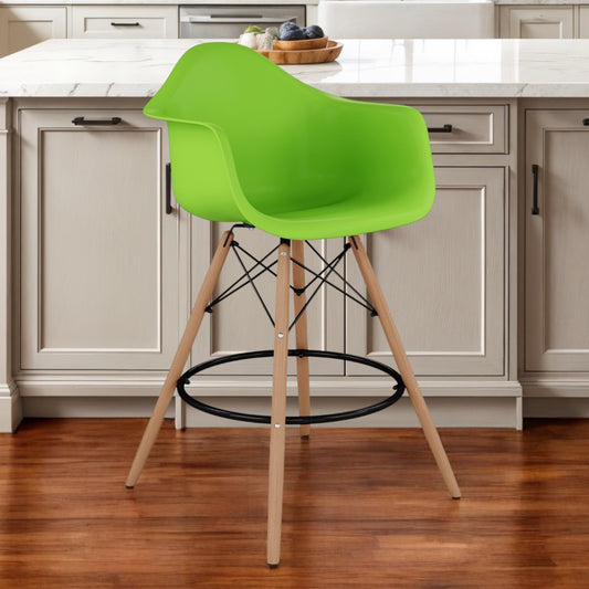 28" Green And Brown Heavy Duty Plastic And Solid Wood Low Back Counter Height Bar Chair-0